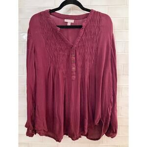 Burgundy Gauze Peasant Blouse Boho Long Sleeve Top Plus 2X